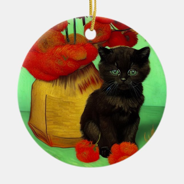 Van Gogh Black Kitten Red Flowers Ceramic Ornament (Front)