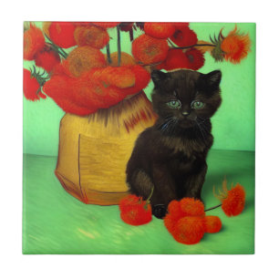 Van Gogh Black Kitten Red Flowers Ceramic Tile