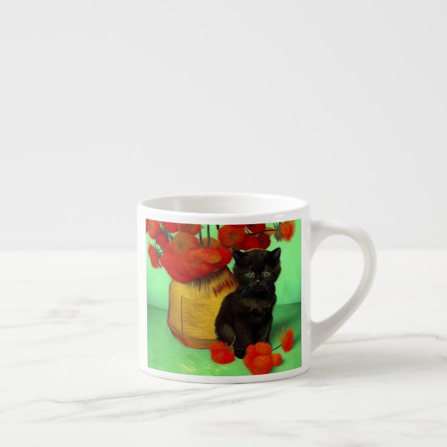 Van Gogh Black Kitten Red Flowers Espresso Cup (Right)
