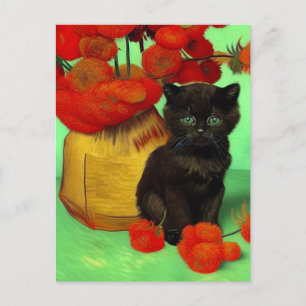Van Gogh Black Kitten Red Flowers Holiday Postcard