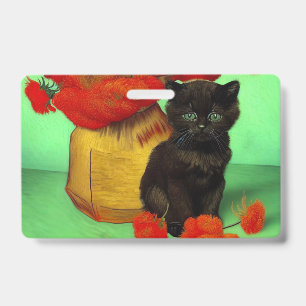 Van Gogh Black Kitten Red Flowers ID Badge