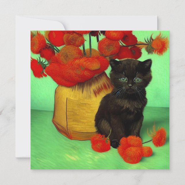 Van Gogh Black Kitten Red Flowers Invitation (Front)