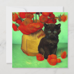 Van Gogh Black Kitten Red Flowers Invitation