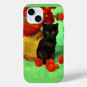 Van Gogh Black Kitten Red Flowers iPhone 15 Case