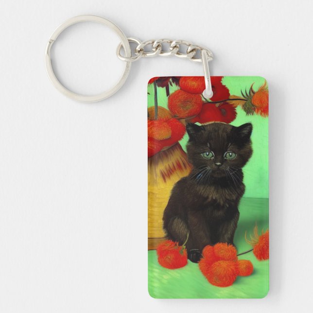 Van Gogh Black Kitten Red Flowers Key Ring (Front)