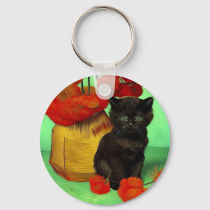 Van Gogh Black Kitten Red Flowers Key Ring