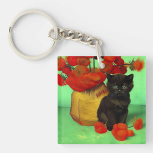 Van Gogh Black Kitten Red Flowers Key Ring