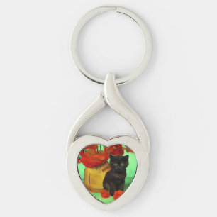 Van Gogh Black Kitten Red Flowers Key Ring