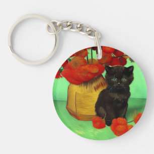 Van Gogh Black Kitten Red Flowers Key Ring