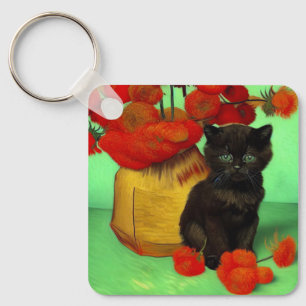 Van Gogh Black Kitten Red Flowers Key Ring
