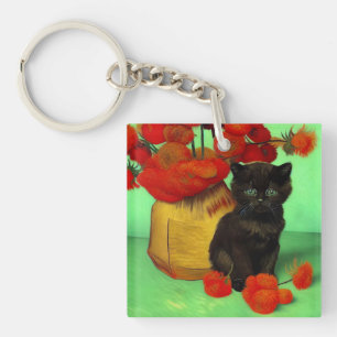 Van Gogh Black Kitten Red Flowers Key Ring