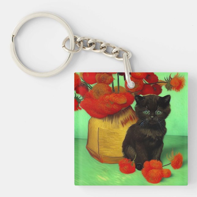 Van Gogh Black Kitten Red Flowers Key Ring (Front)