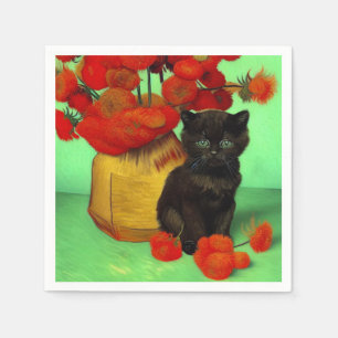 Van Gogh Black Kitten Red Flowers Napkin