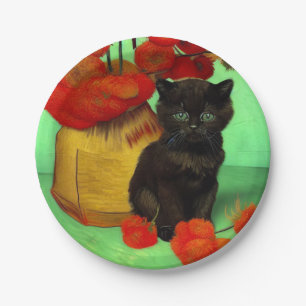 Van Gogh Black Kitten Red Flowers Paper Plate