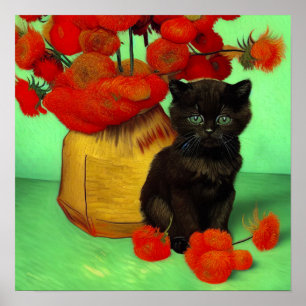 Van Gogh Black Kitten Red Flowers Poster
