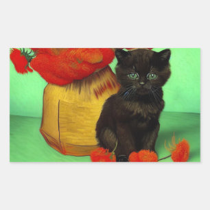 Van Gogh Black Kitten Red Flowers Rectangular Sticker