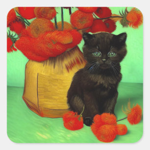Van Gogh Black Kitten Red Flowers Square Sticker