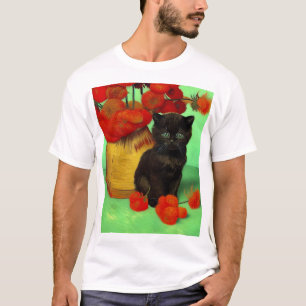Van Gogh Black Kitten Red Flowers T-Shirt