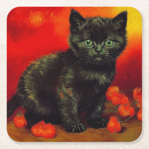 Van Gogh Black Kitten Square Paper Coaster