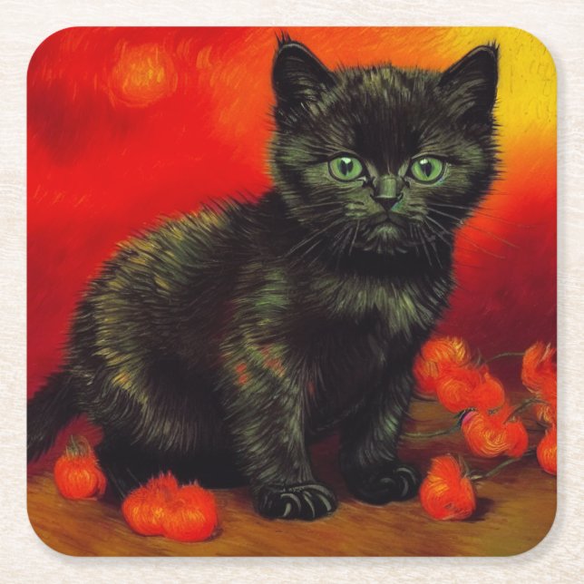 Van Gogh Black Kitten Square Paper Coaster (Front)