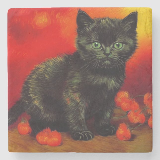 Van Gogh Black Kitten Stone Coaster (Front)