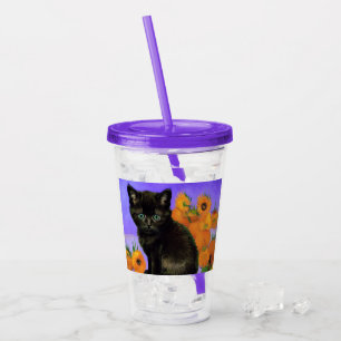 Van Gogh Black Kitten with Sunflowers Acrylic Tumbler