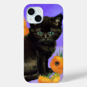 Van Gogh Black Kitten with Sunflowers iPhone 15 Case