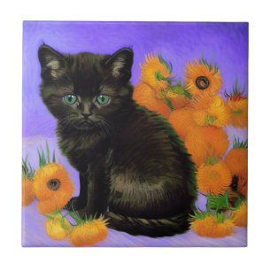 Van Gogh Black Kitten with Sunflowers Ceramic Tile
