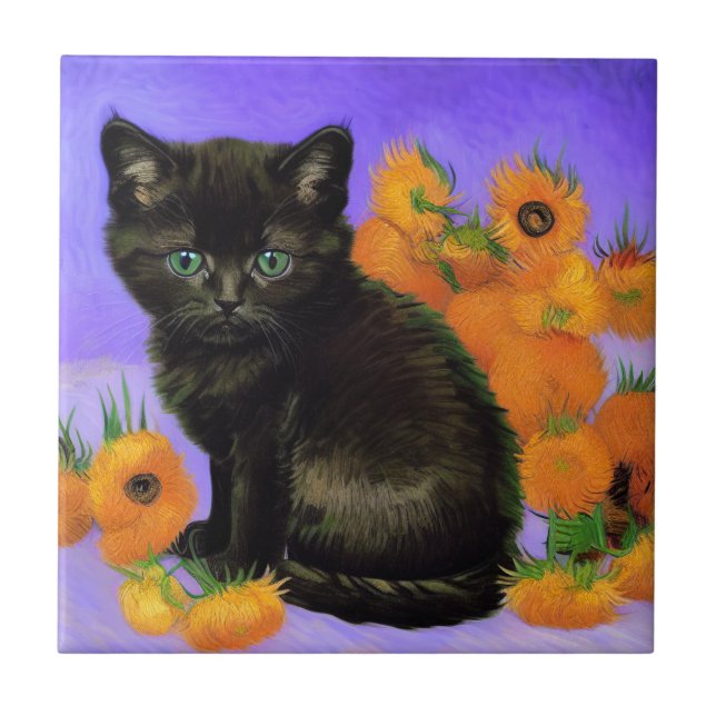Van Gogh Black Kitten with Sunflowers Ceramic Tile (Front)