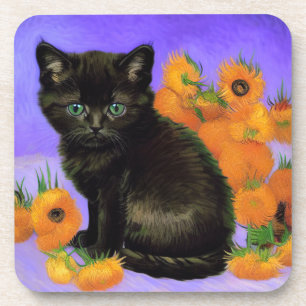 Van Gogh Black Kitten with Sunflowers Coaster