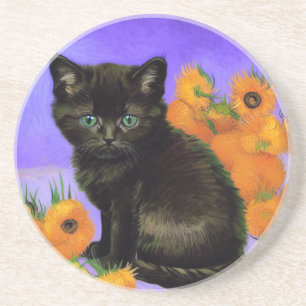 Van Gogh Black Kitten with Sunflowers Coaster