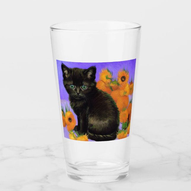 Van Gogh Black Kitten with Sunflowers Glass (Front)