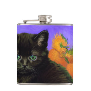 Van Gogh Black Kitten with Sunflowers Hip Flask
