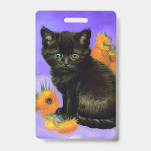 Van Gogh Black Kitten with Sunflowers ID Badge