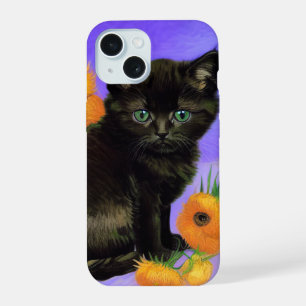 Van Gogh Black Kitten with Sunflowers iPhone 15 Case