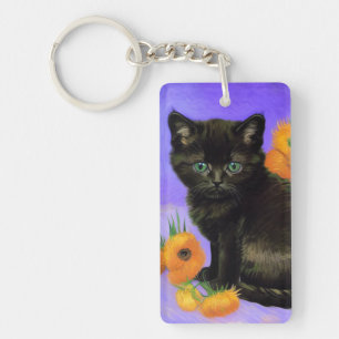 Van Gogh Black Kitten with Sunflowers Key Ring