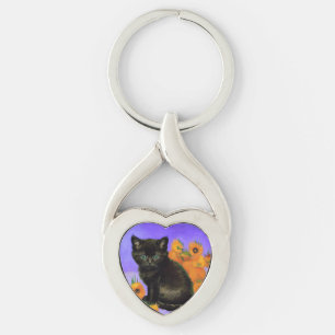 Van Gogh Black Kitten with Sunflowers Key Ring