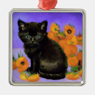 Van Gogh Black Kitten with Sunflowers Metal Ornament