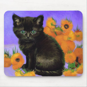 Van Gogh Black Kitten with Sunflowers Mouse Pad