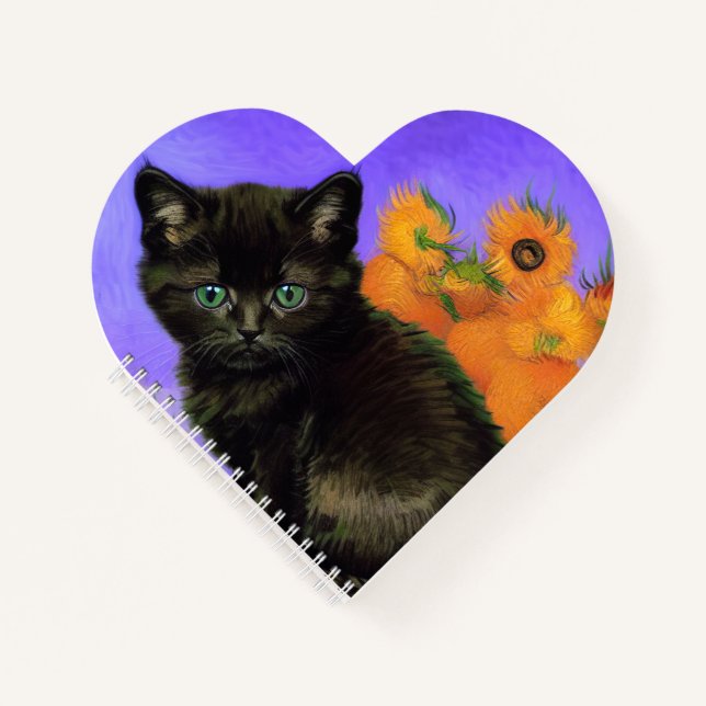Van Gogh Black Kitten with Sunflowers Notebook (Front)