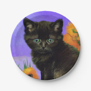 Van Gogh Black Kitten with Sunflowers Paper Plate
