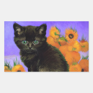 Van Gogh Black Kitten with Sunflowers Rectangular Sticker