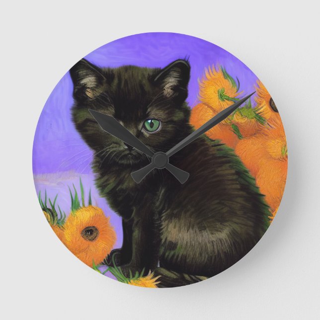 Van Gogh Black Kitten with Sunflowers Round Clock (Front)