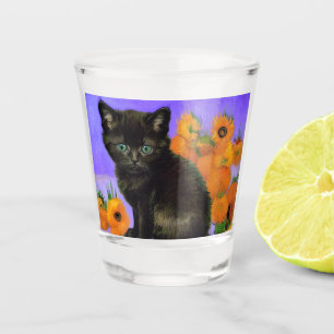 Van Gogh Black Kitten with Sunflowers Shot Glass