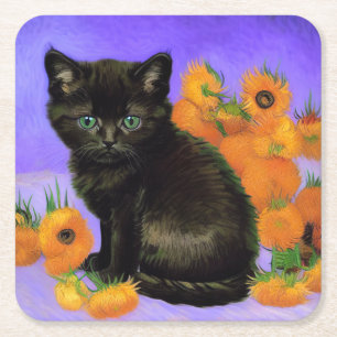 Van Gogh Black Kitten with Sunflowers Square Paper Coaster