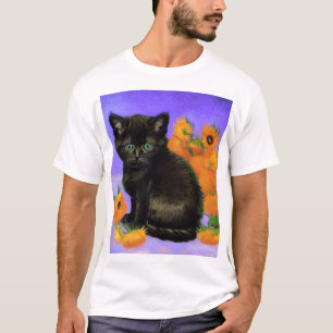 Van Gogh Black Kitten with Sunflowers T-Shirt