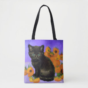 Van Gogh Black Kitten with Sunflowers Tote Bag