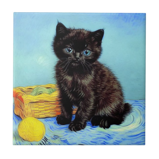Van Gogh Black Kitten with Yarn Ceramic Tile (Front)