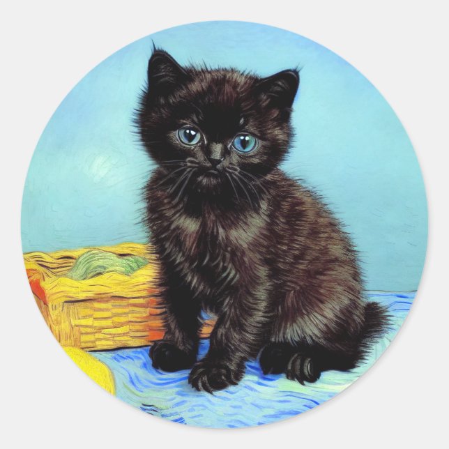 Van Gogh Black Kitten with Yarn Classic Round Sticker (Front)