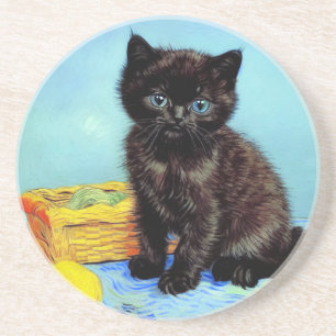 Van Gogh Black Kitten with Yarn Coaster